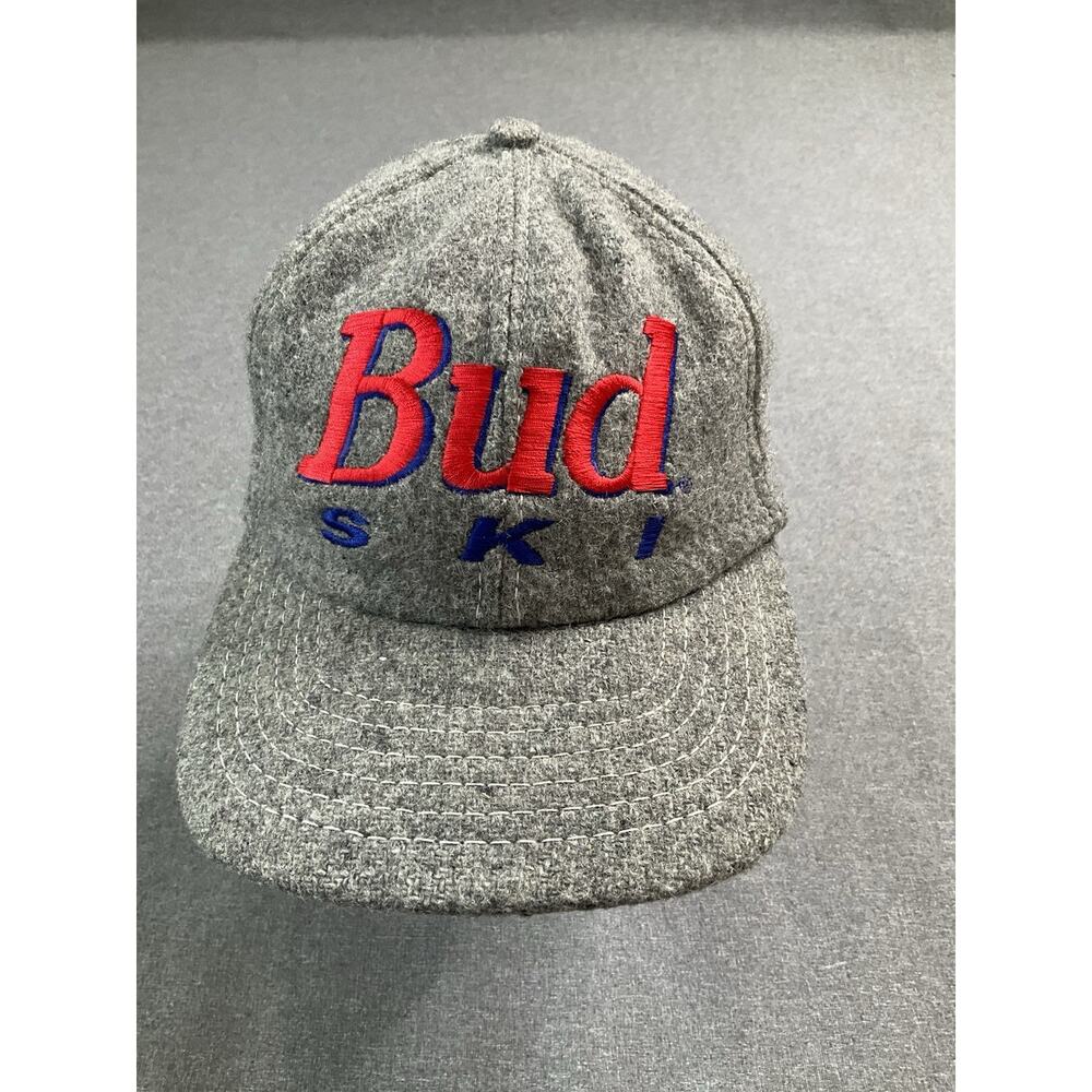 Vintage Bud Ski Team Strapback Hat Graphic Logo Beer Ski Gray Wool Embroidered